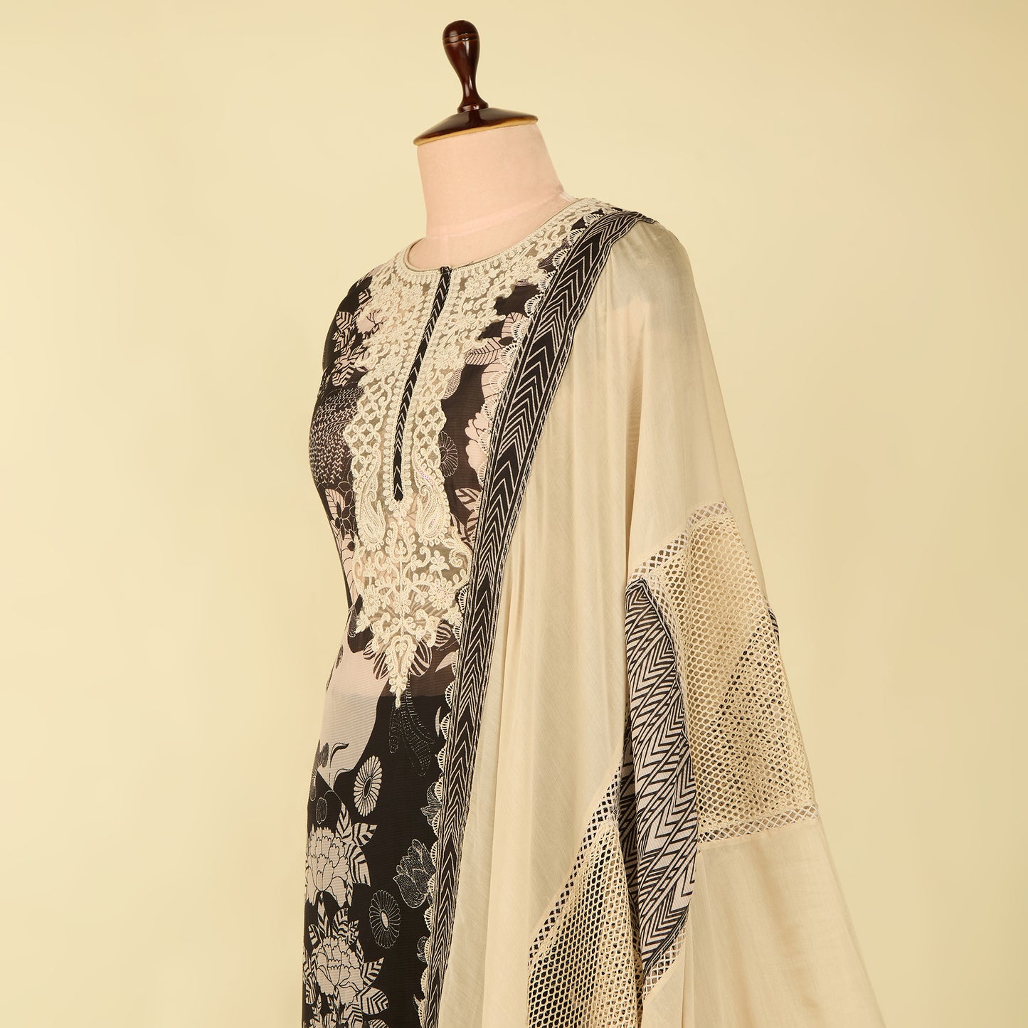 Black Muslin Printed Suit with Embroidered Dupatta