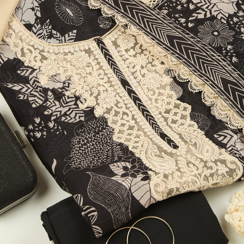 Black Muslin Printed Suit with Embroidered Dupatta