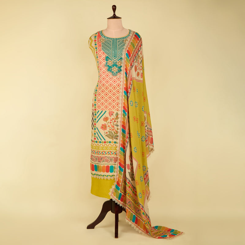 Beige and Green Muslin Printed Suit with Printed Dupatta