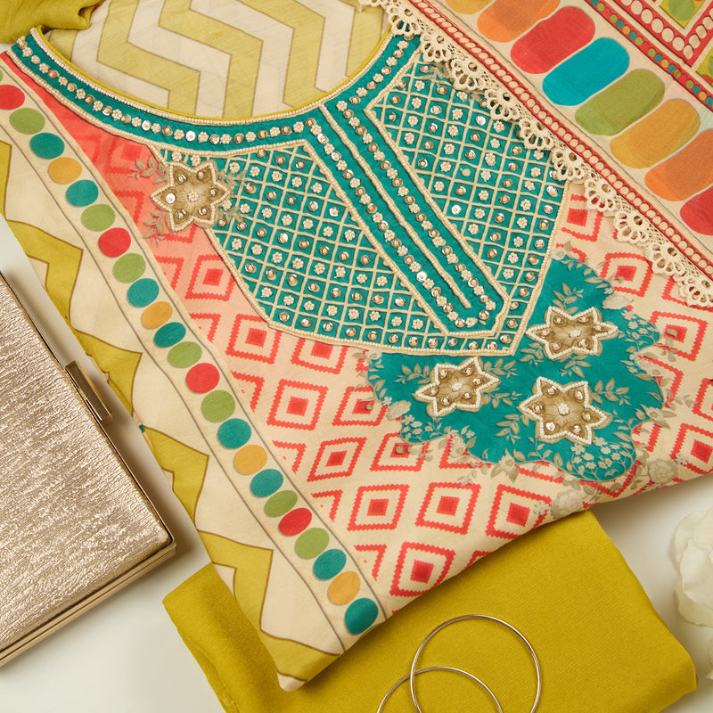 Beige and Green Muslin Printed Suit with Printed Dupatta