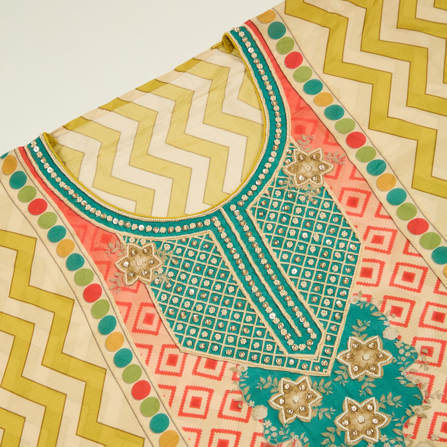 Beige and Green Muslin Printed Suit with Printed Dupatta