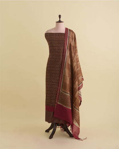 Brown Munga Tussar Printed Kurta Set with Dupatta & Silk Bottom