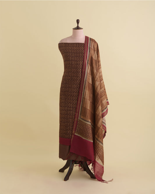 Brown Munga Tussar Printed Kurta Set with Dupatta & Silk Bottom