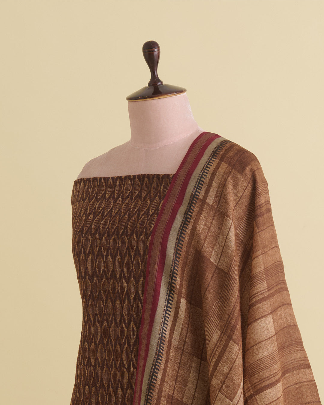 Brown Munga Tussar Printed Kurta Set with Dupatta & Silk Bottom