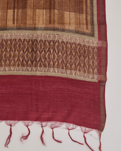 Brown Munga Tussar Printed Kurta Set with Dupatta & Silk Bottom