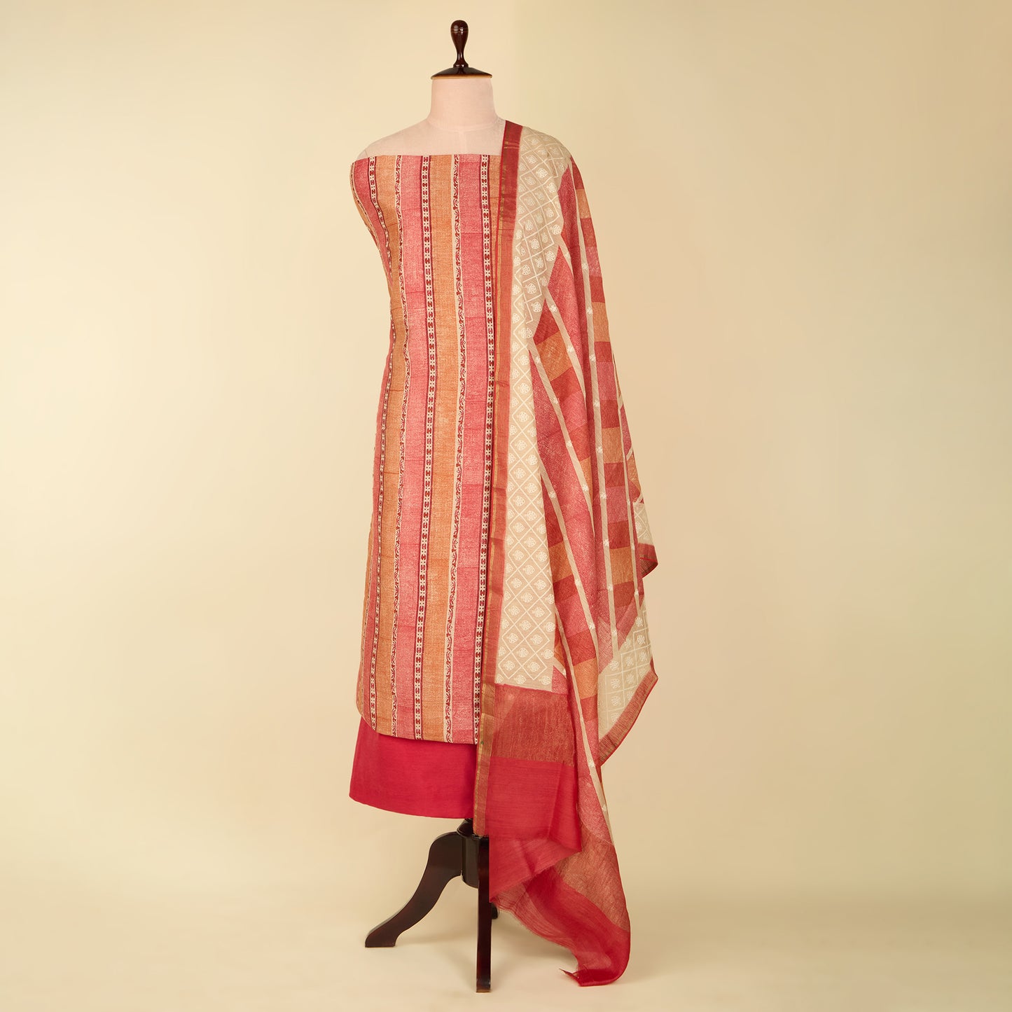 Carrot Pink Muga Silk Printed Suit with Woven Dupatta