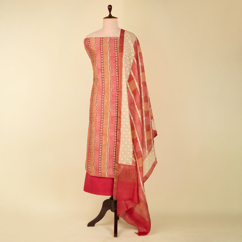 Carrot Pink Muga Silk Printed Suit with Woven Dupatta