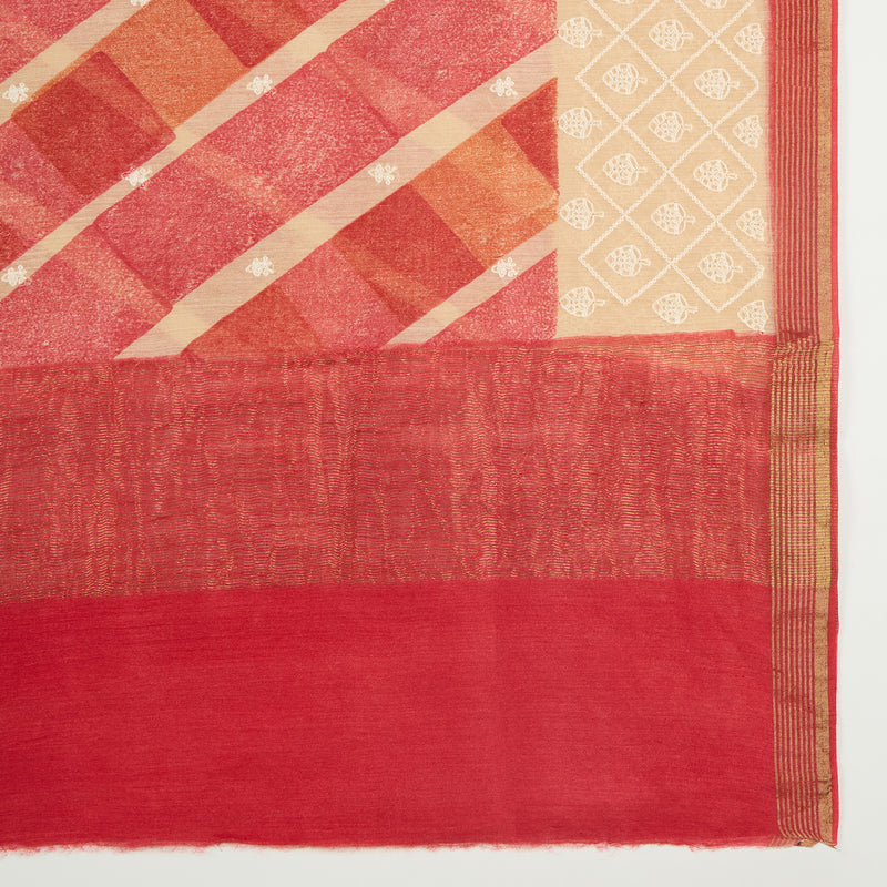 Carrot Pink Muga Silk Printed Suit with Woven Dupatta