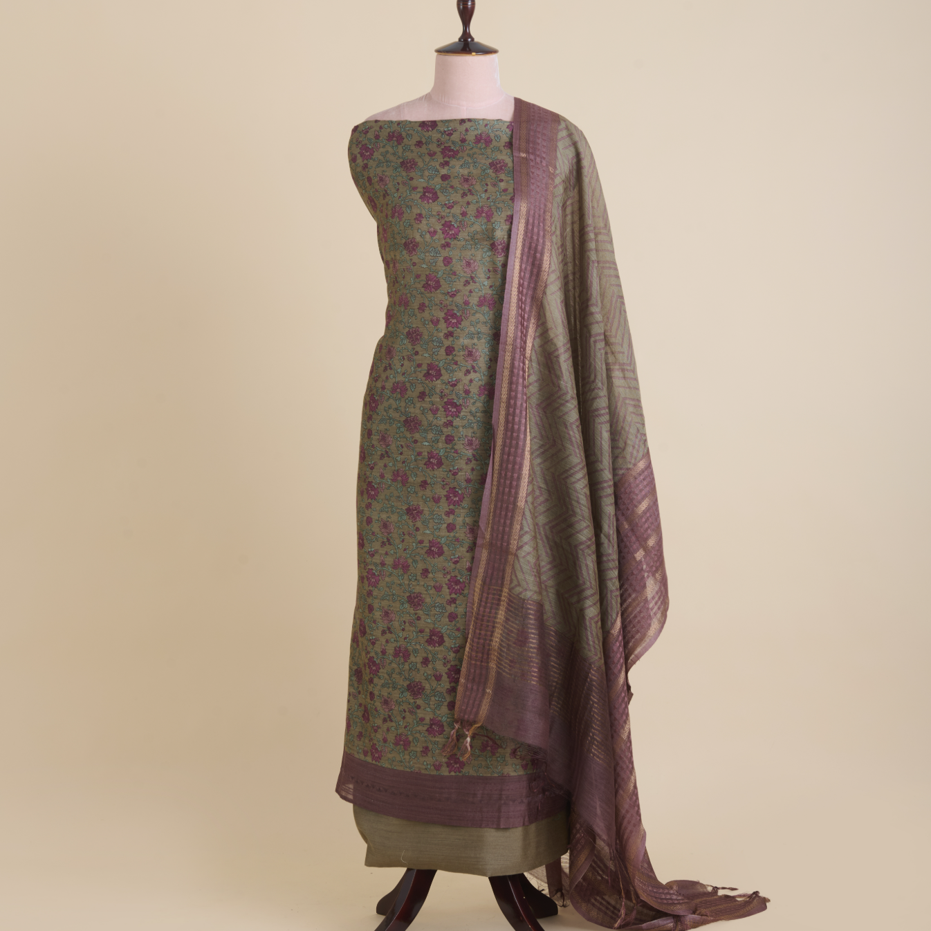 Dusty Beige Muga Silk Katha Embroidered Suit Set