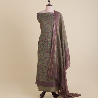 Dusty Beige Muga Silk Katha Embroidered Suit Set