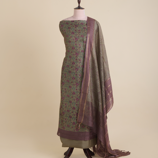 Dusty Beige Muga Silk Katha Embroidered Suit Set