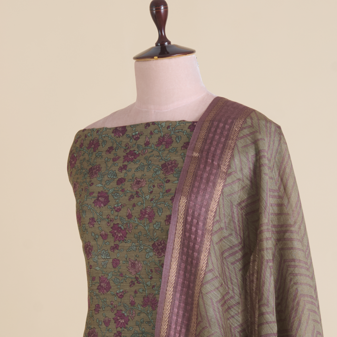 Dusty Beige Muga Silk Katha Embroidered Suit Set