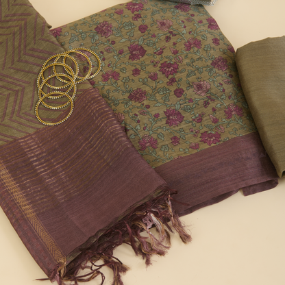 Dusty Beige Muga Silk Katha Embroidered Suit Set
