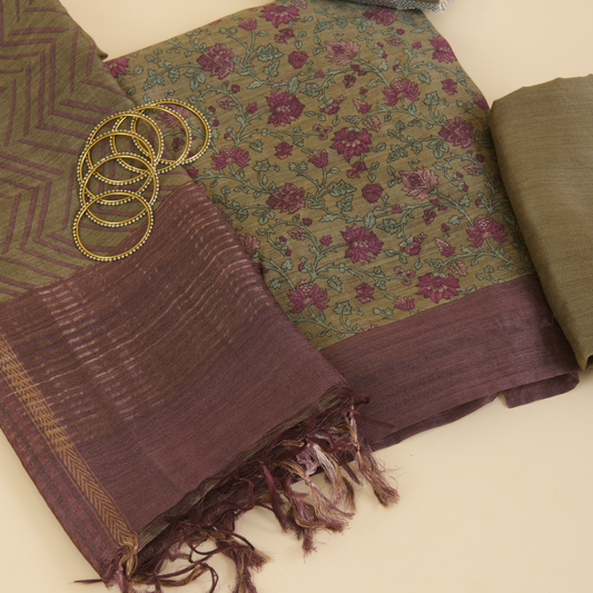 Dusty Beige Muga Silk Katha Embroidered Suit Set
