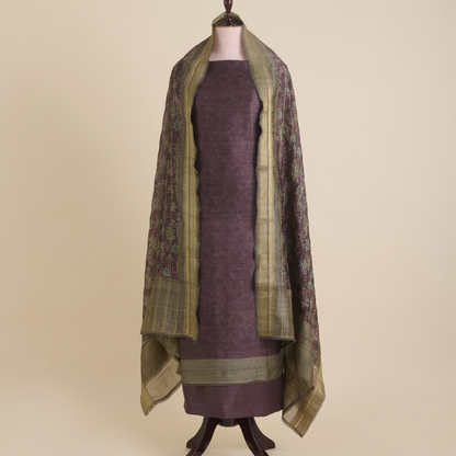 Dusty Brown Muga Silk Katha Embroidered Suit Set