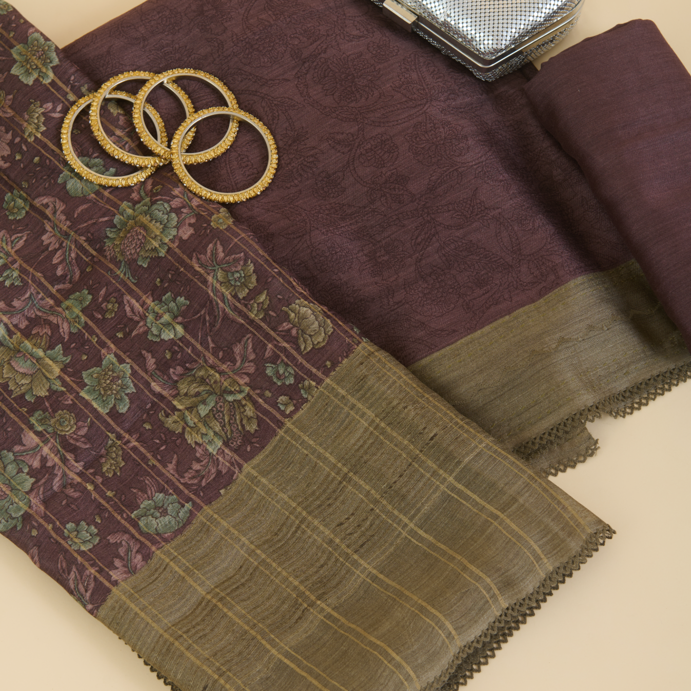 Dusty Brown Muga Silk Katha Embroidered Suit Set