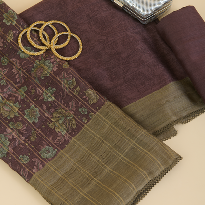 Dusty Brown Muga Silk Katha Embroidered Suit Set