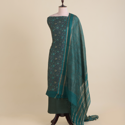 Dusty Green Muga Silk Katha Embroidered Suit Set