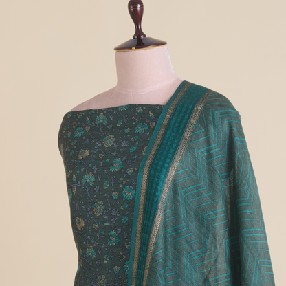 Dusty Green Muga Silk Katha Embroidered Suit Set