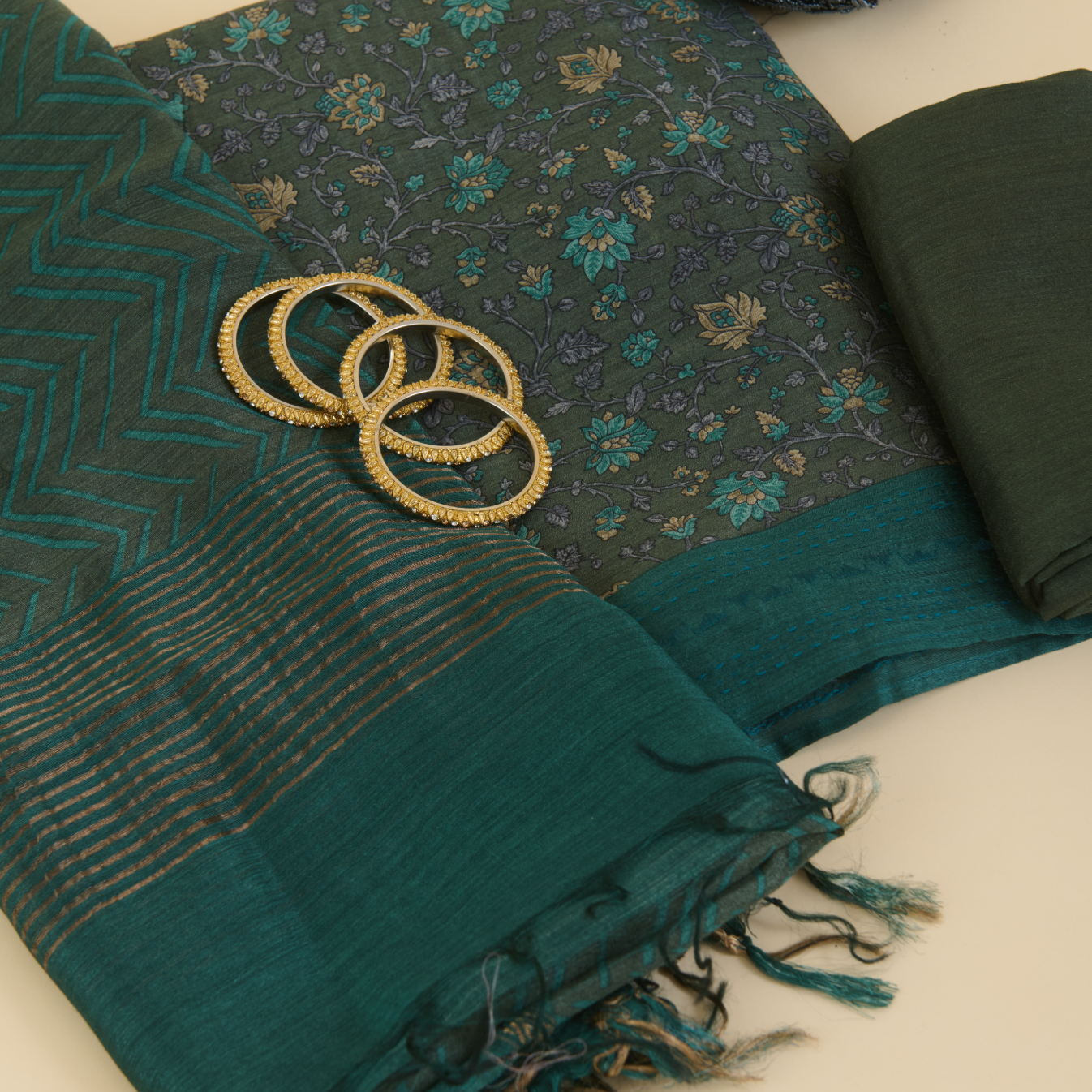 Dusty Green Muga Silk Katha Embroidered Suit Set