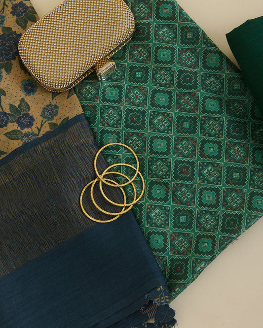 Green Munga Tussar Self Weave Kurta with Printed Dupatta & Silk Bottom by Vandana