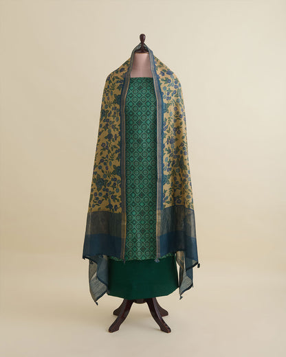 Green Munga Tussar Self Weave Kurta with Printed Dupatta & Silk Bottom by Vandana