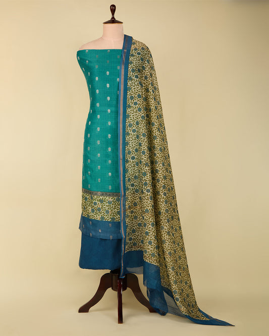 Green Maheshwari Printed Suit with Woven Butti Dupatta and Printed Bottom