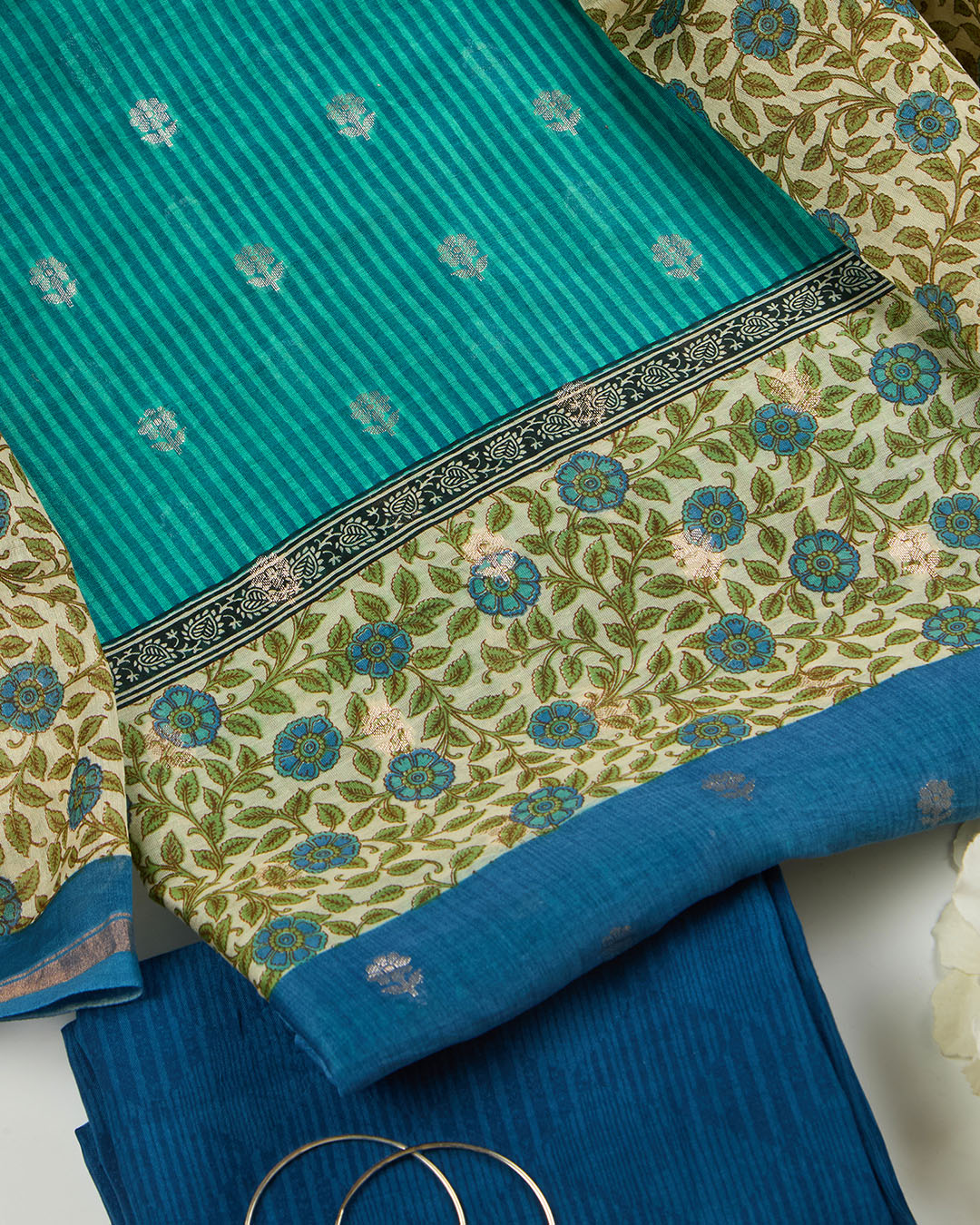 Green Maheshwari Printed Suit with Woven Butti Dupatta