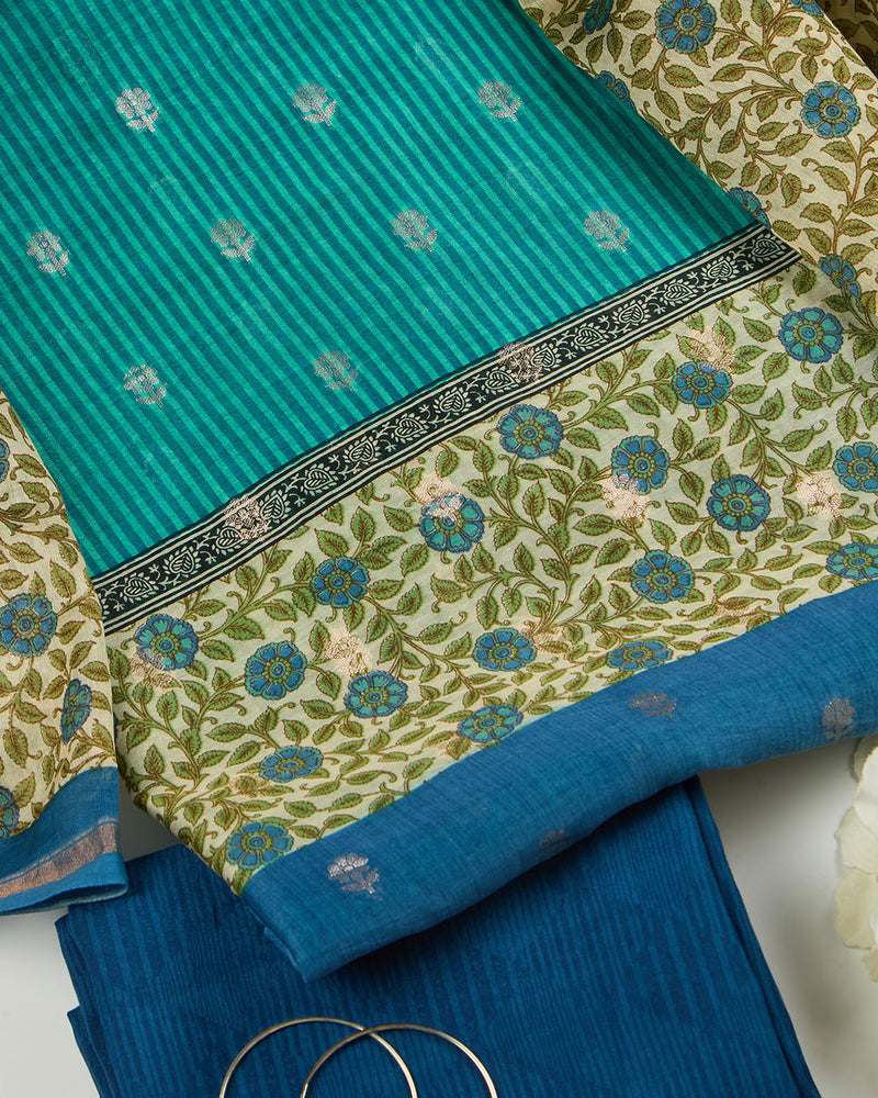 Green Maheshwari Printed Suit with Woven Butti Dupatta