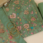 Green Muslin Printed Kurta with Kantha & Sequin Yoke