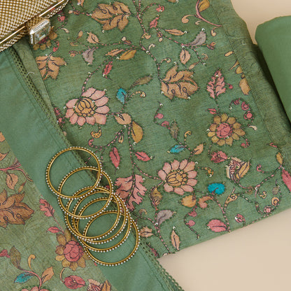 Green Muslin Printed Kurta with Kantha & Sequin Yoke