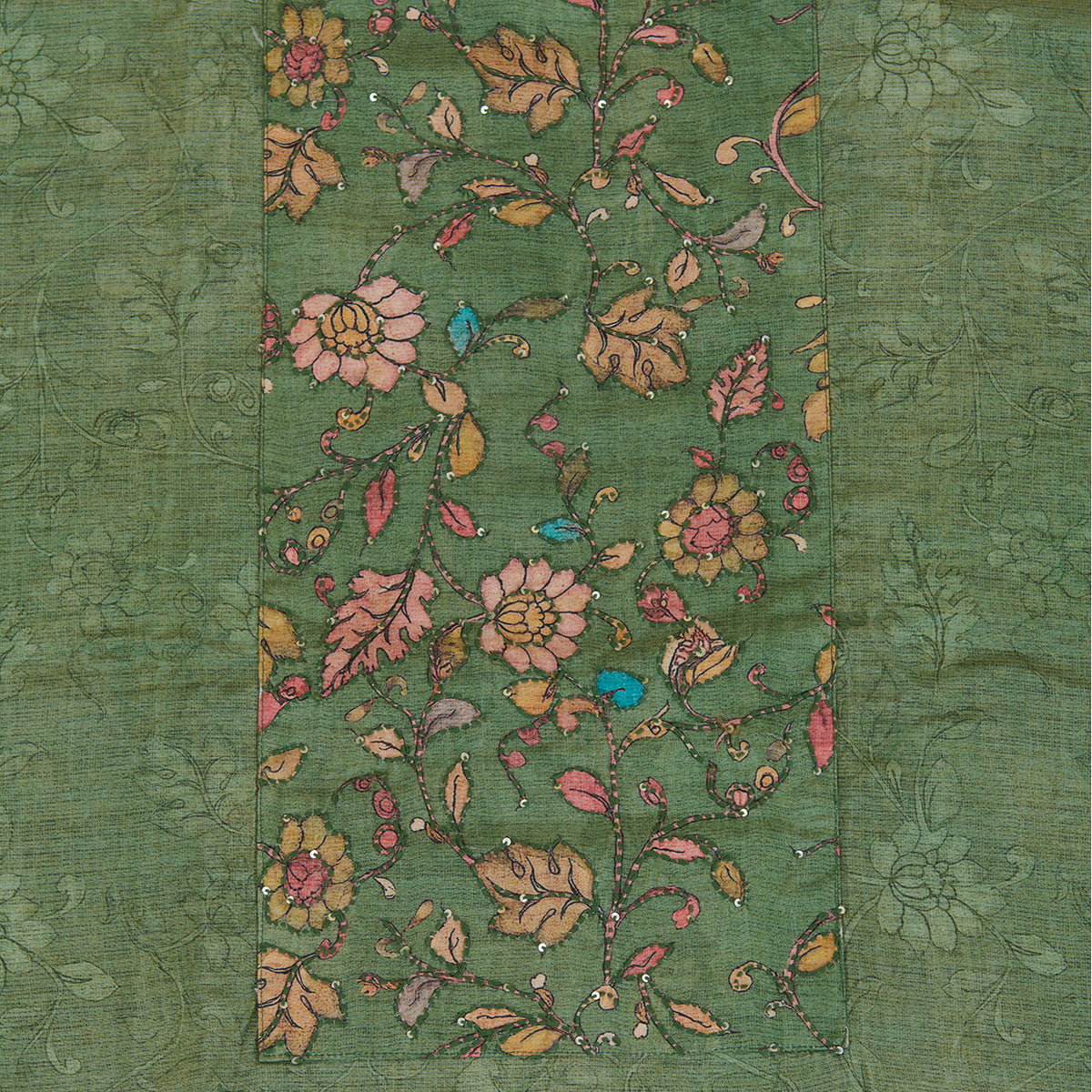 Green Muslin Printed Kurta with Kantha & Sequin Yoke
