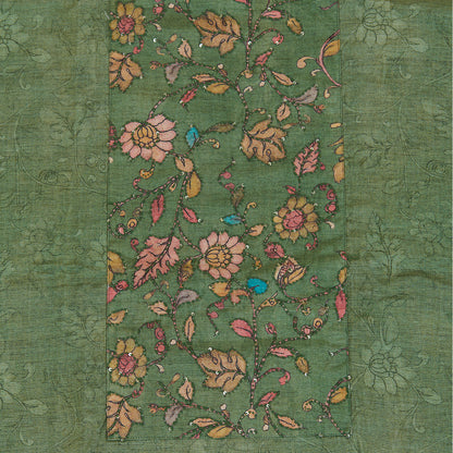 Green Muslin Printed Kurta with Kantha & Sequin Yoke