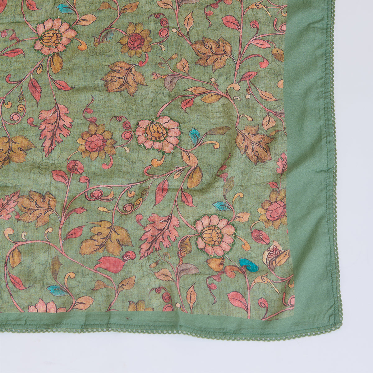 Green Muslin Printed Kurta with Kantha & Sequin Yoke