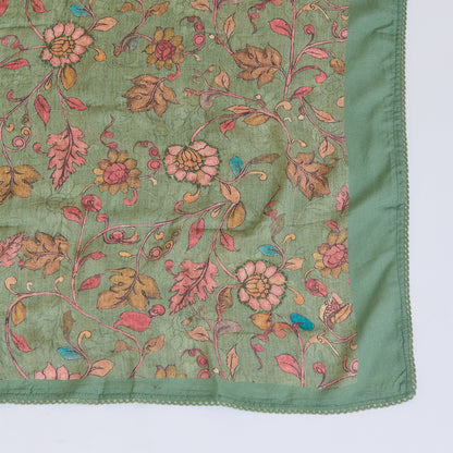 Green Muslin Printed Kurta with Kantha & Sequin Yoke