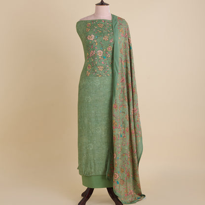 Green Muslin Printed Kurta with Kantha & Sequin Yoke