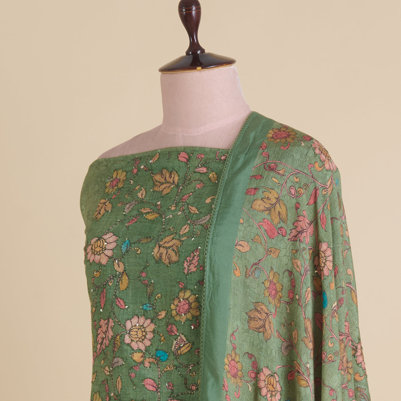 Green Muslin Printed Kurta with Kantha & Sequin Yoke