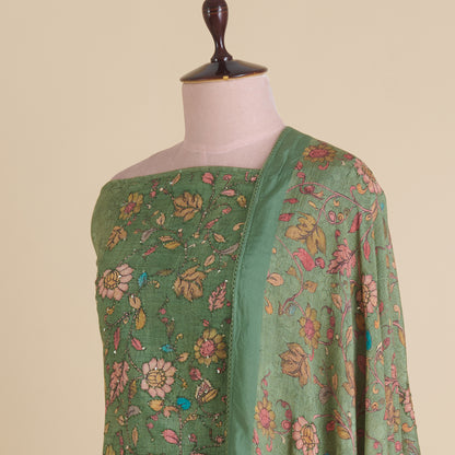 Green Muslin Printed Kurta with Kantha & Sequin Yoke