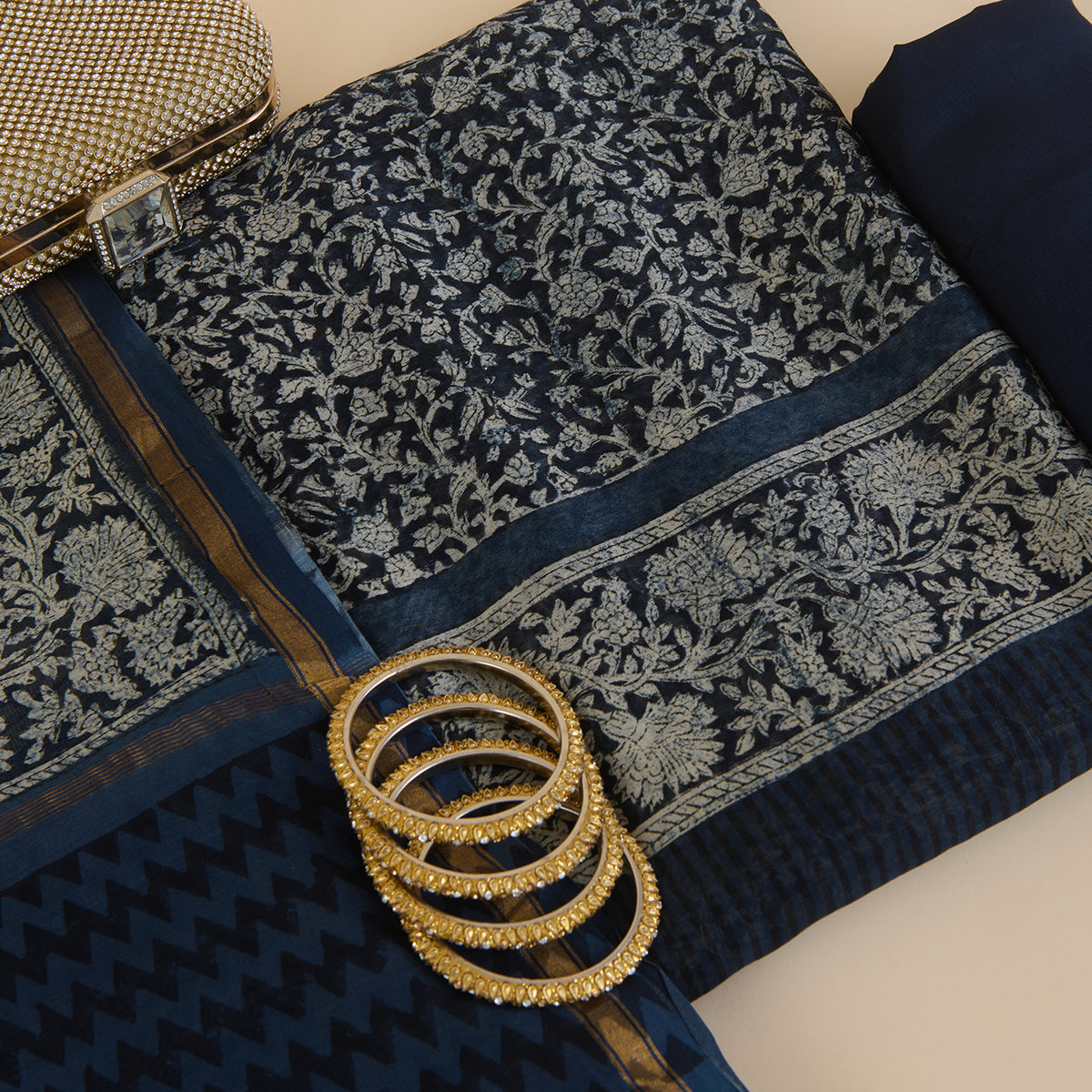 Indigo Blue Maheshwari Printed Kurta with Dupatta