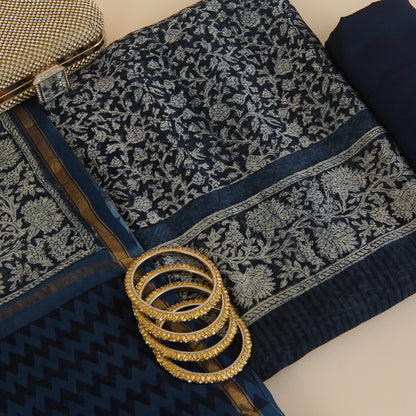 Indigo Blue Maheshwari Printed Kurta with Dupatta