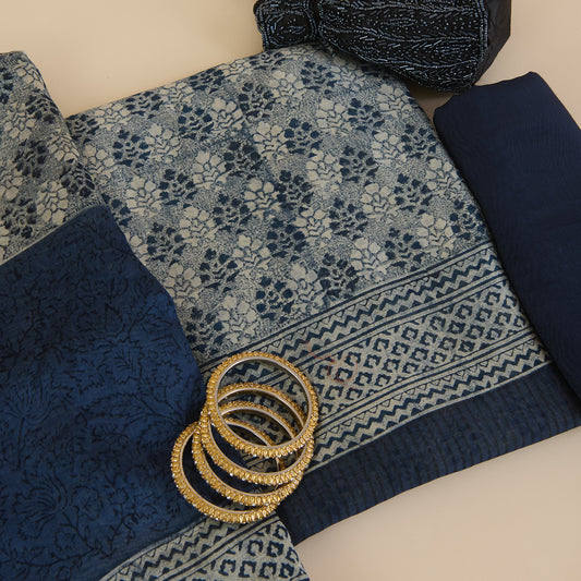 Indigo Blue Maheshwari Printed Kurta with Dupatta
