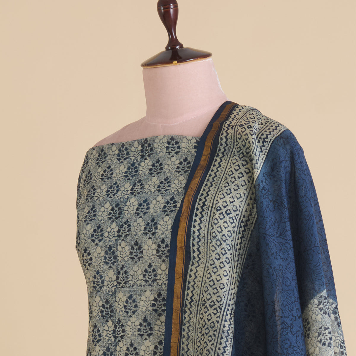 Indigo Blue Maheshwari Printed Kurta with Dupatta