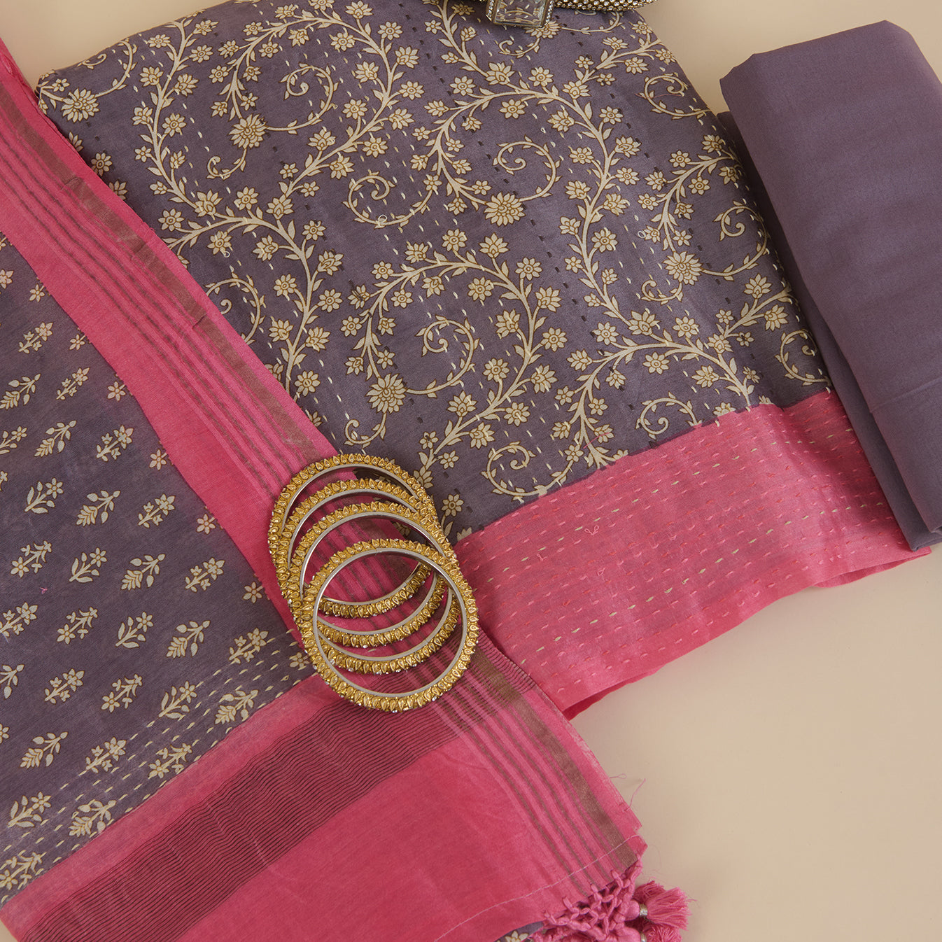 Lilac Matt Maheshwari Printed Kurta with Katha Stitch Embroidered Daman