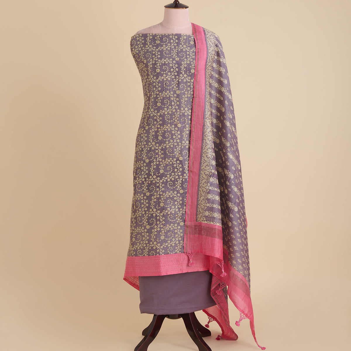Lilac Matt Maheshwari Printed Kurta with Katha Stitch Embroidered Daman