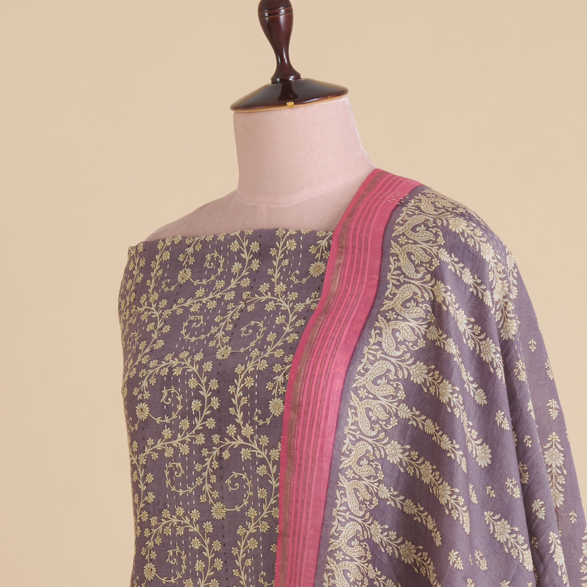 Lilac Matt Maheshwari Printed Kurta with Katha Stitch Embroidered Daman