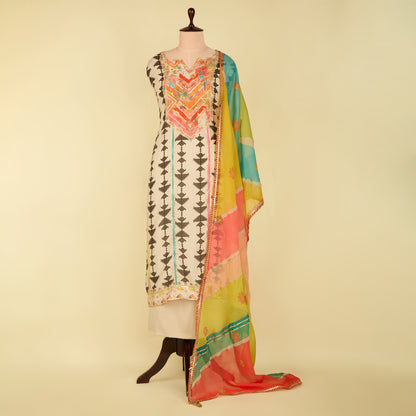 Light Beige Muslin Printed Suit with Cut-Dana Embroidery and Organza Dupatta
