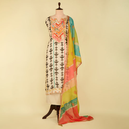 Light Beige Muslin Printed Suit with Cut-Dana Embroidery and Organza Dupatta