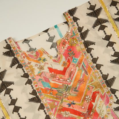 Light Beige Muslin Printed Suit with Cut-Dana Embroidery and Organza Dupatta