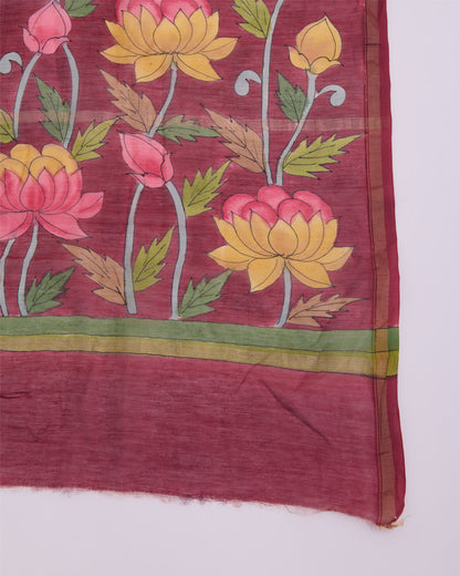 Maroon Beige Munga Tussar Printed Kurta Suit with Hand Printed Dupatta