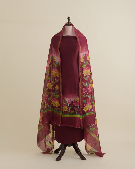 Maroon Beige Munga Tussar Printed Kurta Suit with Hand Printed Dupatta